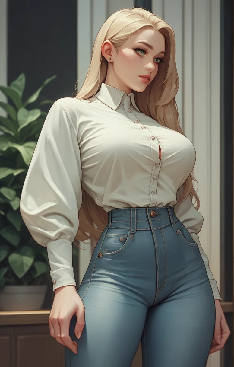 thin lady, culona, White skin, a dark green blouse with white buttons, big legs, small waist, jeans fitted to your figure