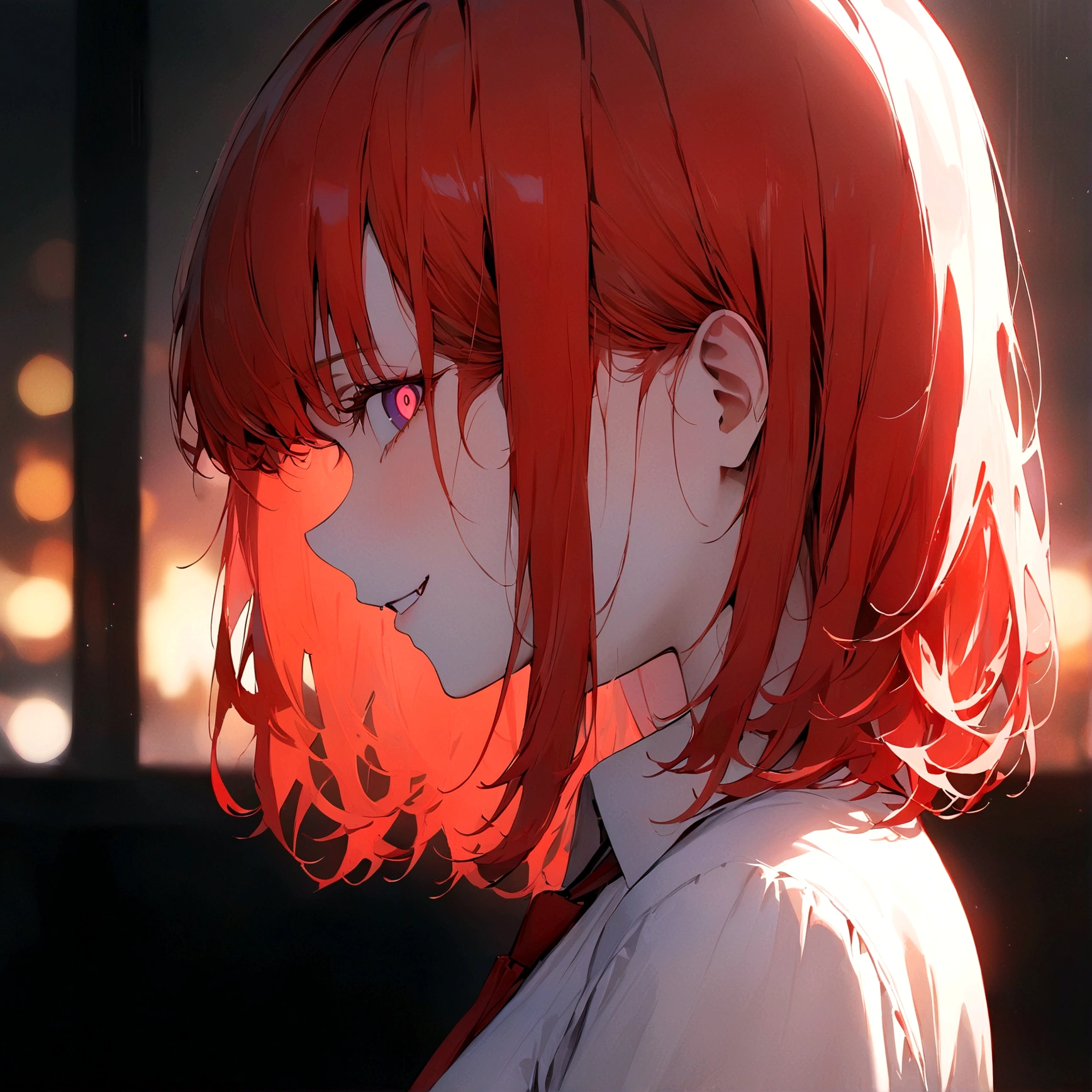 (Masterpiece:1.2, Best Quality), 1 woman, profile, looking towards the viewer, White shirt red tie, medium breasts, Casual, long red hair, minimal makeup, , pale,Natural fabrics, closeup face, evil smile, bright eyes circular pupils,8K high resolution, detailed lines,blurred background,