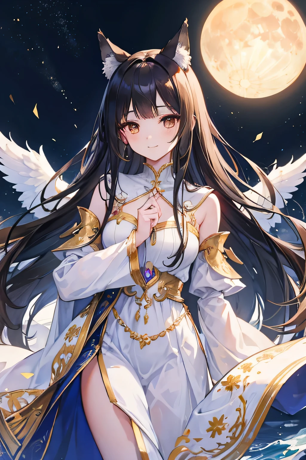 (Masterpiece), (Best Quality), (Super Detail), (long straightHair), (Illustration), (1 Girl), (moon Background), Beautiful Detailed brown Eyes, Delicate Beautiful Face,long dress,wolf ears,angel wings, (High Saturation), (Shine), Black Hair, Bangs, dark brown eyes, shy, Full Smile, girl, maiden love,standing in water, top quality, super detailed, smile, beautiful face, 4K