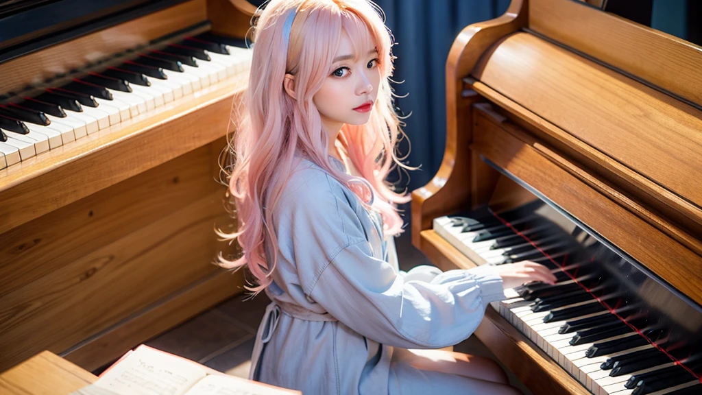 playing piano.Ai Hoshino, beige pink hair, Blue Hair,Long Hair, favorite , Beautiful, shining eyes, Stars in my eyes, Idol,Long pink hair