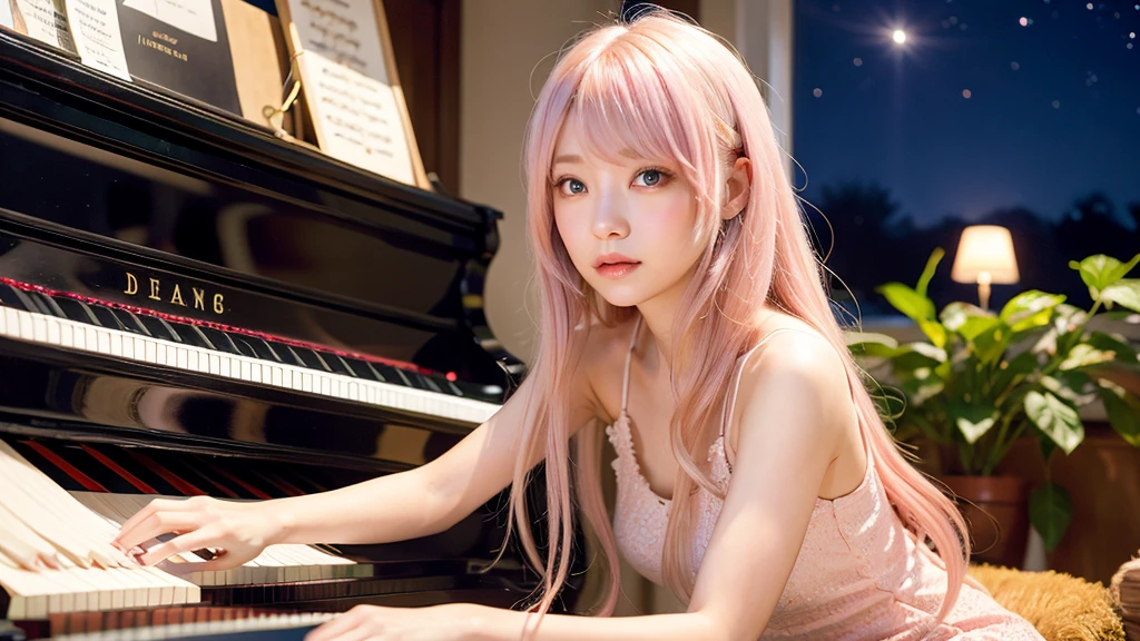 playing piano.Ai Hoshino, beige pink hair, Blue Hair,Long Hair, favorite , Beautiful, shining eyes, Stars in my eyes, Idol,Long pink hair