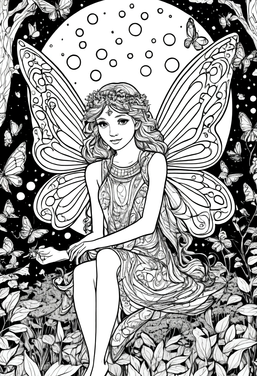 (A black and white coloring book:1.5), A magical fairy surrounded by glowing fireflies in a moonlit forest, clean line art, white background, colouring page, clean outline