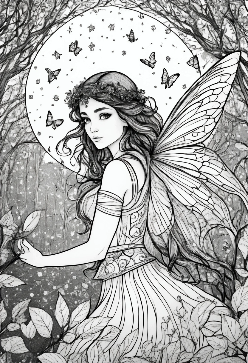 (A black and white coloring book:1.5), A magical fairy surrounded by glowing fireflies in a moonlit forest, clean line art, white background, colouring page, clean outline