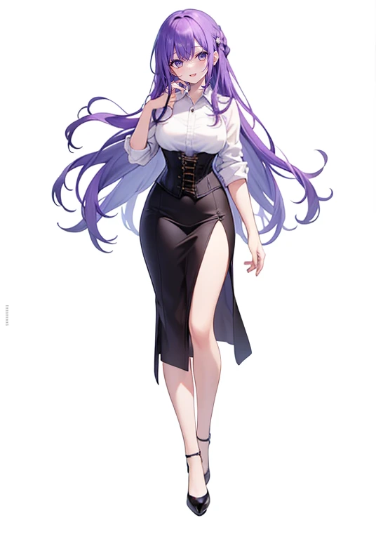 Purple hair,long hair,Adult female,suit,((White shirt)),((Rolling up your sleeves shirt)),(corset),(skirt),(slit),High heels,((Simple White background)),Smile,((Full body)),((whole body)),(((upright)))