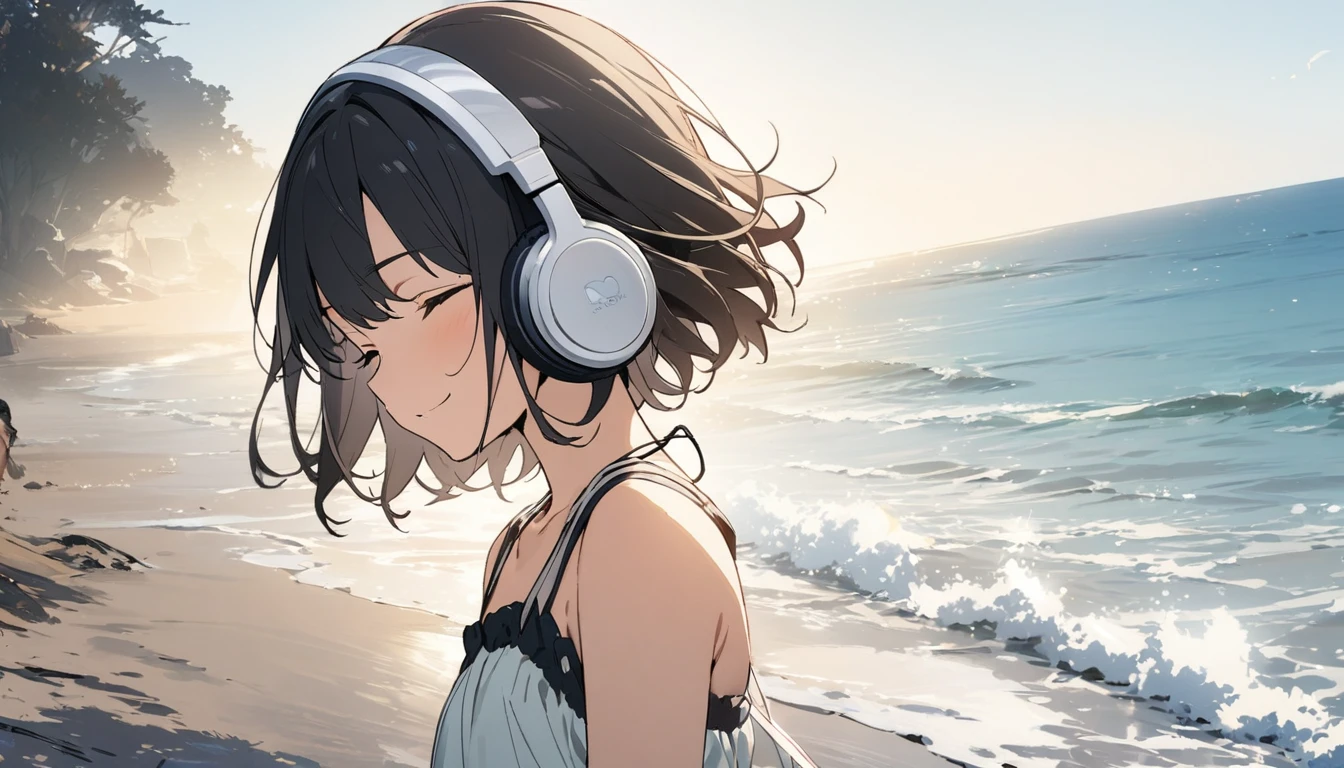 1girl, solo, gentle smile on her face flat chest, short hair, black hair, upper body, ((masterpiece, illustration, best quality)) ((best quality)) by the beach sea shore walking around the beach with her headphones on, eyes closed