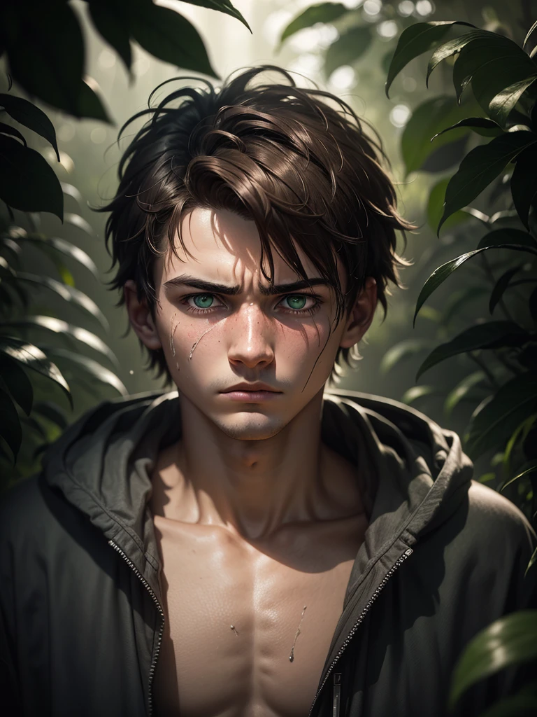 (sharp focus:1.2), an award-winning shot of a deep depressed casual 18 year old boy, in the middle of the jungle, dull backlighting, extremely detailed skin, extreme sadness, hopelessness, visible mental illness, bleary eyes, (deep shadows:1.1), high contrast, beautiful cried green eyes, brown hair, absurd, 8k, (high quality: 1.3), artstation hd, concept art, detailed sad face and body, award winning photography, (moody lighting:1.2), depth of field , bokeh, 4K, HDR