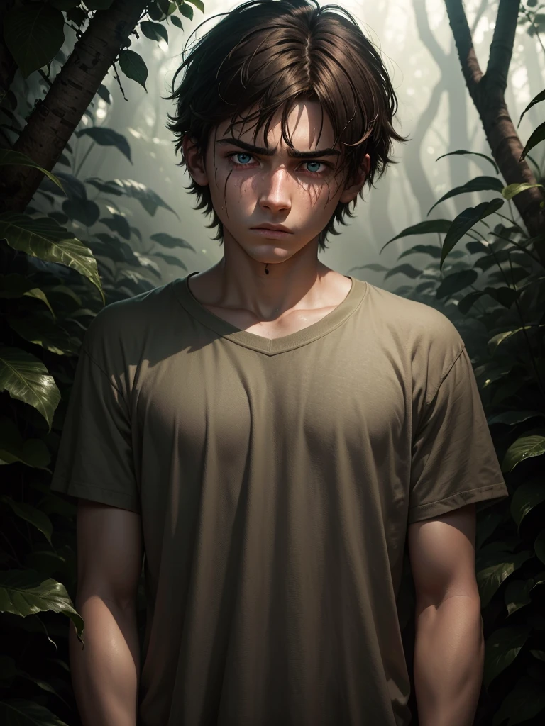 (sharp focus:1.2), an award-winning shot of a deep depressed casual 18 year old boy, in the middle of the jungle, dull backlighting, extremely detailed skin, extreme sadness, hopelessness, visible mental illness, bleary eyes, (deep shadows:1.1), high contrast, beautiful cried green eyes, brown hair, absurd, 8k, (high quality: 1.3), artstation hd, concept art, detailed sad face and body, award winning photography, (moody lighting:1.2), depth of field , bokeh, 4K, HDR