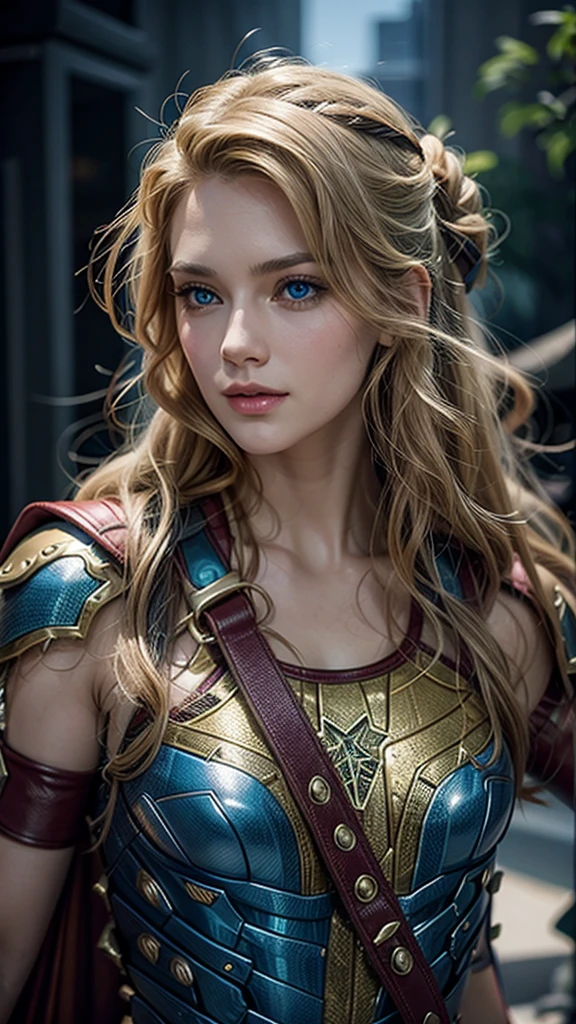 The character Supergirl, perfect costume, shiny blue eyes, extremely beautiful blond hair, beautiful smile , perfect anatomy and extremely beautiful face 