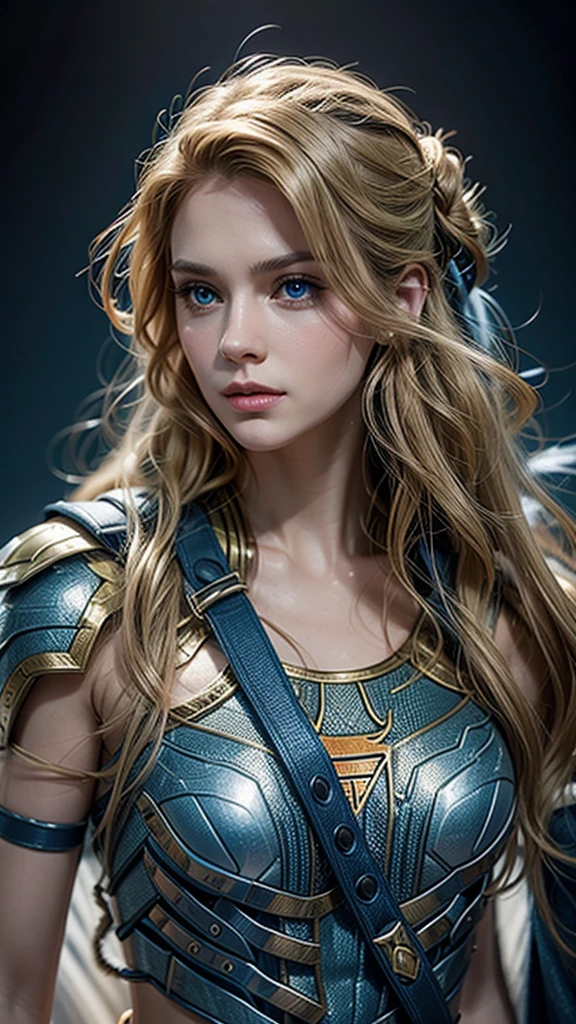 The character Supergirl, perfect costume, shiny blue eyes, extremely beautiful blond hair, beautiful smile , perfect anatomy and extremely beautiful face
