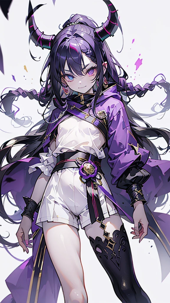 boy, thoughtful look, open forehead, black and purple hair braided into a ponytail on the left side in a bun. small curly black horns wrapped in white ribbon, pale violet eyes, short dark purple shorts. Long white t-shirt. dark purple knee socks. dark purple hooded robe, with a pattern of gold circles and a white robe on the inside. dark corridor with stairs, rays of light fall from above