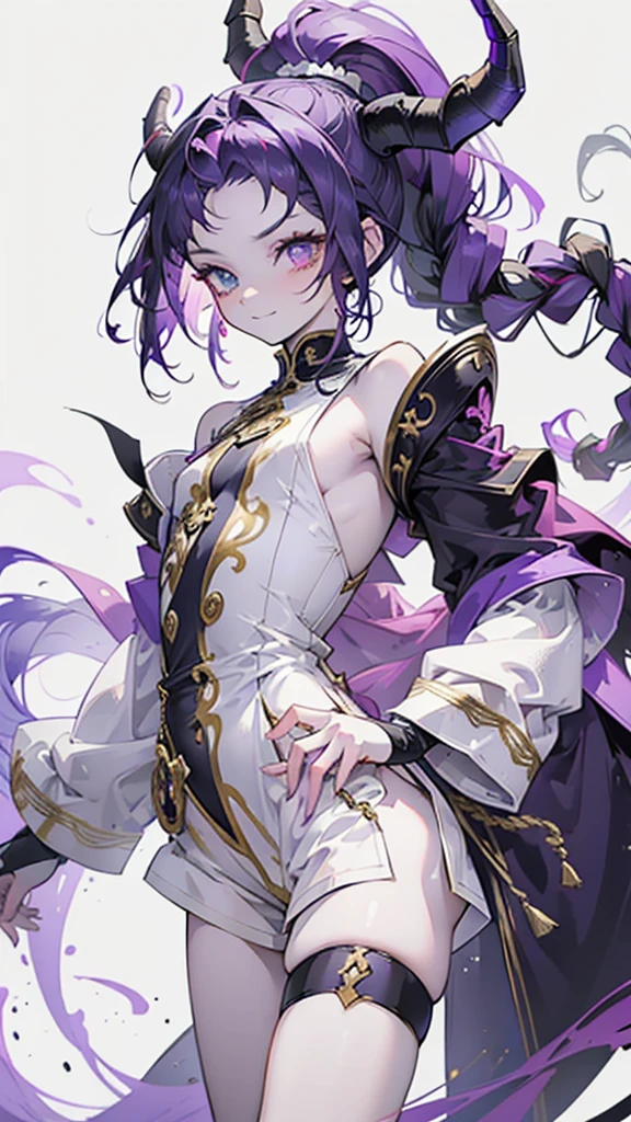 cheerful boy with open forehead. dark purple hair braided in a ponytail on the left side to one side. sinuous black horns wrapped in dark purple ribbon. pale violet eyes. in short dark purple shorts. long white T-shirt. dark purple knee-high socks. a white long robe with a hood flutters in the wind. black ancient stone walls of the castle purple light from lamps with gold ornaments, heterochromia, long curly hair, pale skin, I look at the viewer, closed mouth, bright smile, Beautiful, extremely detailed eye, Absolutely amazing art, extremely detailed, Digital art of the highest quality, full length