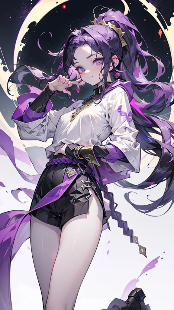 cheerful boy with open forehead. dark purple hair braided in a ponytail on the left side to one side. sinuous black horns wrapped in dark purple ribbon. pale violet eyes. in short dark purple shorts. long white T-shirt. dark purple knee-high socks. a white long robe with a hood flutters in the wind. black ancient stone walls of the castle purple light from lamps with gold ornaments, heterochromia, long curly hair, pale skin, I look at the viewer, closed mouth, bright smile, Beautiful, extremely detailed eye, Absolutely amazing art, extremely detailed, Digital art of the highest quality, full length