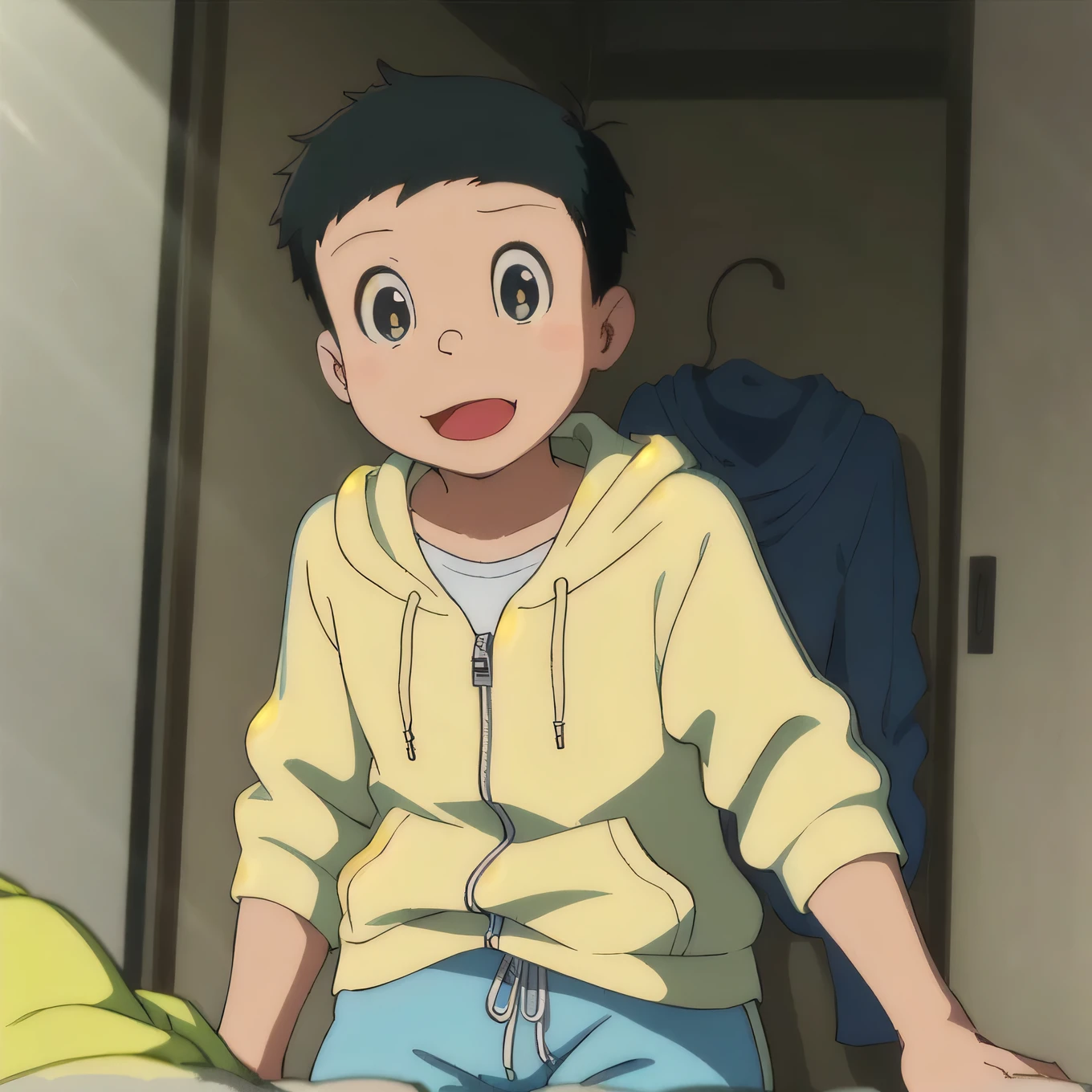 masterpiece,high quality,solo,
looking at viewer,smile,open mouth,
kangofu,1boy,
Yellow Hoodie,shorts,city,