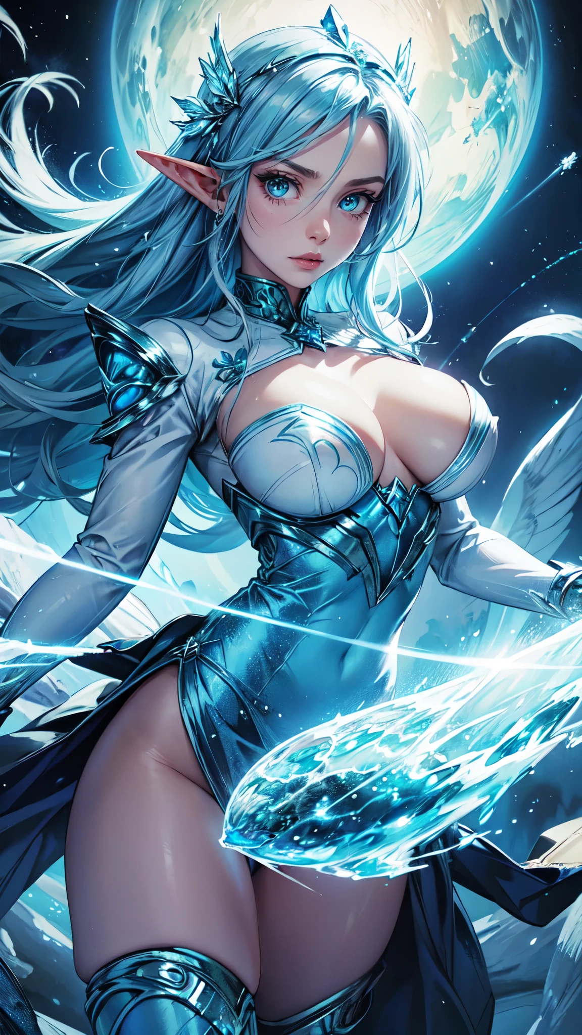 high-res, vivid colors), blue bird alien, detailed feathers, sparkling eyes, alien landscape, vibrant colors, surreal atmosphere, glowing lights, otherworldly features, intricate patterns, dreamlike scenery, Arctic Frost Ranger: A suit featuring icy blue and frosty white hues, accented with snowflake patterns and frost crystals. This Ranger commands the power of ice and cold, with abilities such as creating blizzards, forming ice constructs for defense, and freezing enemies in their tracks,detailed face, detailed eyes, detailed hands, woman,elf girl,t
