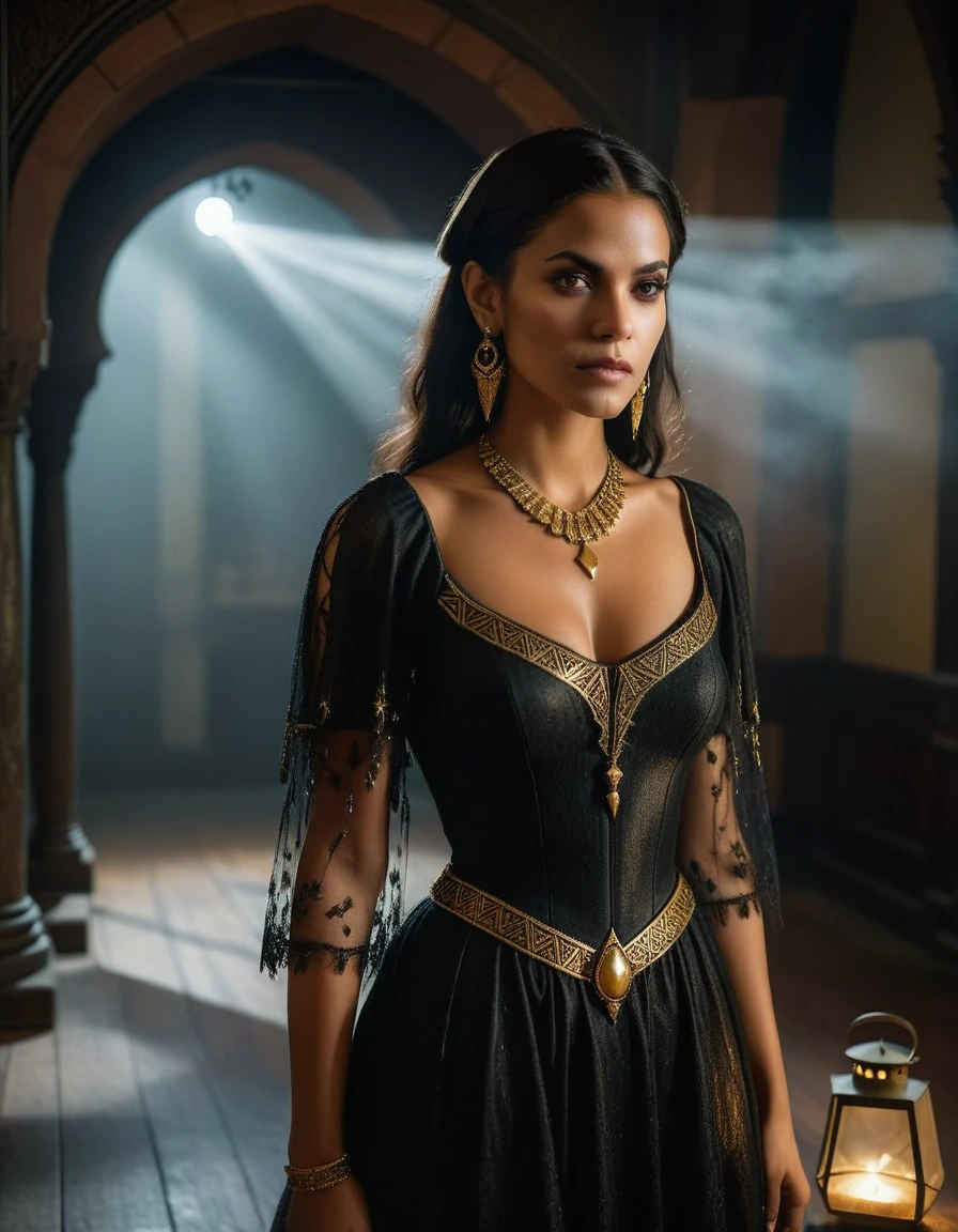 (masterpiece:1.7, best quality, ultra detailed, moonlight lights ratio, ultra realistic:1.3), Cinematic lighting:0.7, full-body portrait of a Brazilian woman with Wiccan (witch) style, wearing a detailed gothic dress with a cropped top, adorned with Egyptian gold jewelry. Sharp focus on her face, perfect eyes:1.5, photorealistic:1.5, film grain, looking at the camera:1.3, emphasize shoulders, foggy, misty, volumetric dust, key light, ray tracing, film grain ISO 800, 16 mm lens, RAW f1.8 aperture, analog photography, HDR colors, gothic interior, dark, elegant, and intimidating atmosphere
