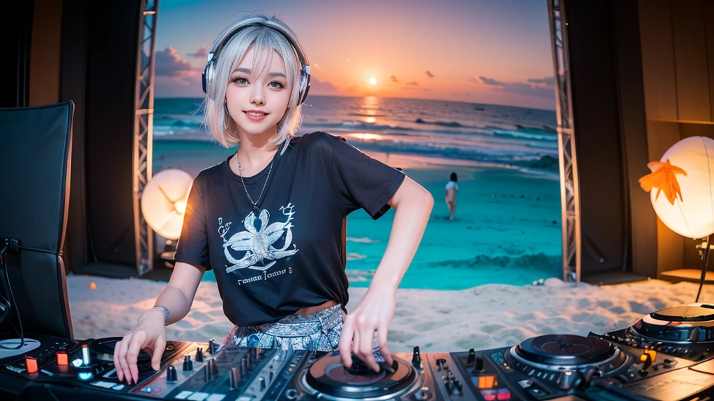 (ultra - detailed, 16K resolution, Cinema lenses, rendering by octane), (high resolution:1.18), intricate detail, (masterpiece:1.1), (highest quality:1.1), (1girl, portrait, white hair, blue eyes, short hair, detailed eyes),Wearing silver DJ headphones, sequined T-shirt, (in the beach:1.5), (Iconic hip-hop pop costumes:1.3), Smile while DJing on stage, DJ studio next to the beach, ((A stylish DJ stage on a hill overlooking the beach)), full body shot, Photorealistic photography by Sunshine, (cute round face:1.3), perfect fingers, five fingers, beautiful hands, perfect hands. master peace, cute smile.
