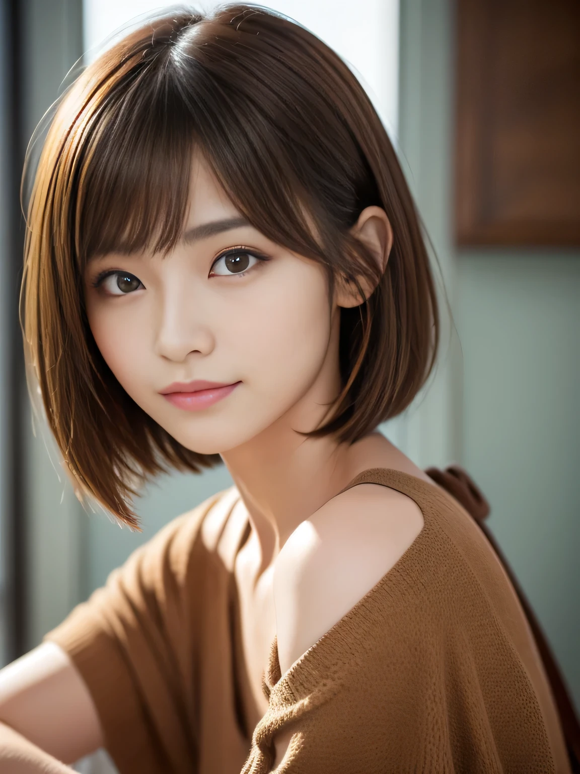 masterpiece, best quality, ultra-detailed, intricately detailed hyperdetailed, realistic, sharp features, highly detailed, sharp focus, 15 years old, (Japanese idol), perfect face, perfect symmetrically perfect eyes, perfect full lips, flexible female form, film light, hyper detailed, hyper realistic, high resolution, vibrant, dynamic studio lighting, short hair, Brown Hair, Shoulder Length Layered, asymmetrical bangs, brown Eyes, (Impish Smile:1.2), cowboy shot,