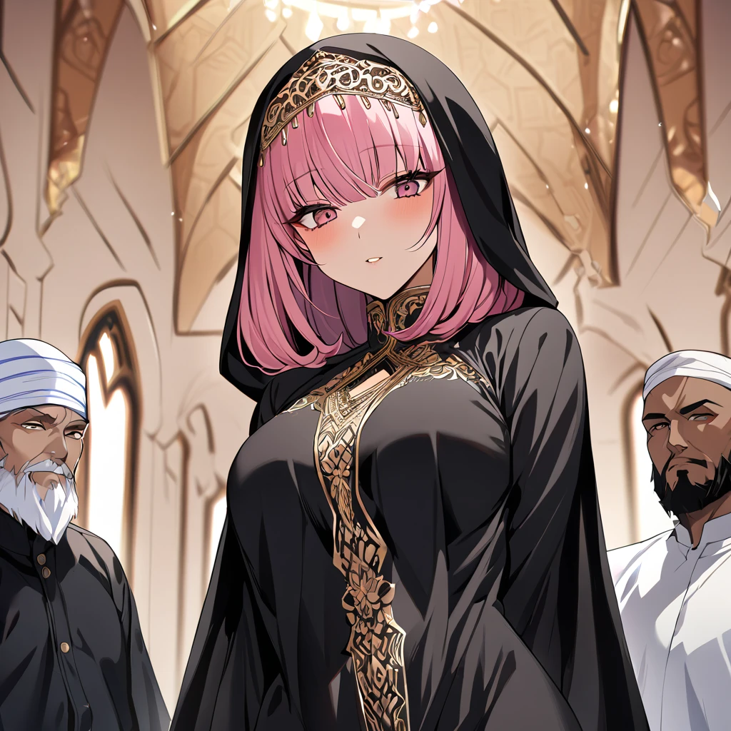 ((Highest quality)), ((masterpiece)), (detailed), (Perfect Face)、Women must wear black hijabs and niqabs、The woman is Momo Beria Deviluke, a devout Muslim., Arab with bright brown skin, In an Islamic prayer hall、She wears a gorgeous black abaya with gold embroidery.。, A gorgeous black hijab and niqab tightly covers her head, Gorgeous hair ornament, Gorgeous jewellery and engagement rings. The woman and the man are in a luxurious palace, And the woman、Wearing Arab national dress、In an Islamic prayer hall with a dignified bearded middle-aged Arab Muslim man、The woman is the elegant Momo Belia Deviluke., Pink hair short bob, Black abaya and、The woman is wearing a gorgeous black hijab and niqab. She is a devout Muslim Arab with vibrant brown skin.。.、(The woman was named Momo Belia Deviluke.、He is a dark-skinned Arab and a devout Muslim.)