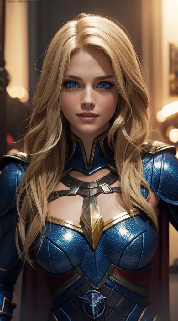 The character Supergirl, perfect costume, shiny blue eyes, extremely beautiful blond hair, beautiful smile , perfect anatomy and extremely beautiful face 