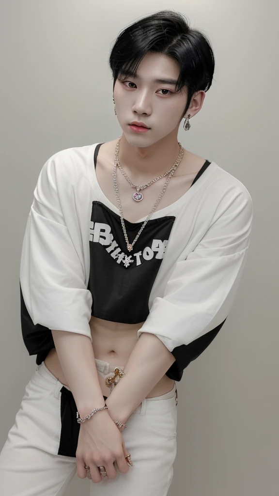 Korean boy
Beautiful
V 
Jewellery
Kpop idol
23 years old
 Short White and black hair 