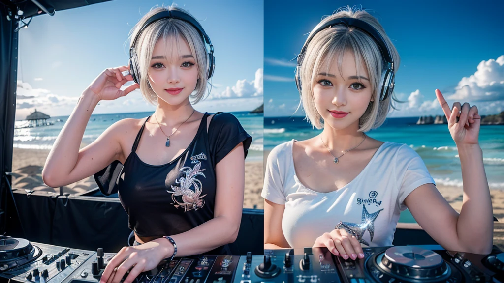 (ultra - detailed, 16K resolution, Cinema lenses, rendering by octane), (high resolution:1.18), intricate detail, (masterpiece:1.1), (highest quality:1.1), (1girl, portrait, white hair, blue eyes, short hair, detailed eyes),Wearing silver DJ headphones, Shiny silver sequined T-shirt, (in the beach:1.5), (Iconic hip-hop pop costumes:1.3), Smile while DJing on stage, DJ studio next to the beach, ((A stylish DJ stage on a hill overlooking the beach)), full body shot, Photorealistic photography by Sunshine, (cute round face:1.3), perfect fingers, five fingers, beautiful hands, perfect hands. master peace, cute smile.