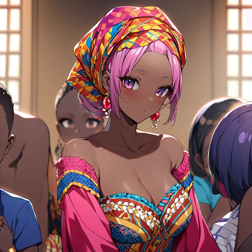 ((Highest quality)), ((masterpiece)), (detailed), （Perfect Face）、The woman is Momo Belia Deviluke, a Ghanaian by birth, with a vibrant dark skin, and is wearing a vibrant Ghanaian dress, a vibrant headscarf, gorgeous jewellery and an engagement ring.、The woman is the elegant Momo Belia Deviluke, with short pink bob hair, a colorful Ghanaian dress, a colorful headscarf, and vivid dark brown skin. She is a natural-born black and Ghanaian.、（The woman is a black Ghanaian with vivid dark brown skin.）、The woman is raising  and doing village work with other village girls in her village in Ghana.