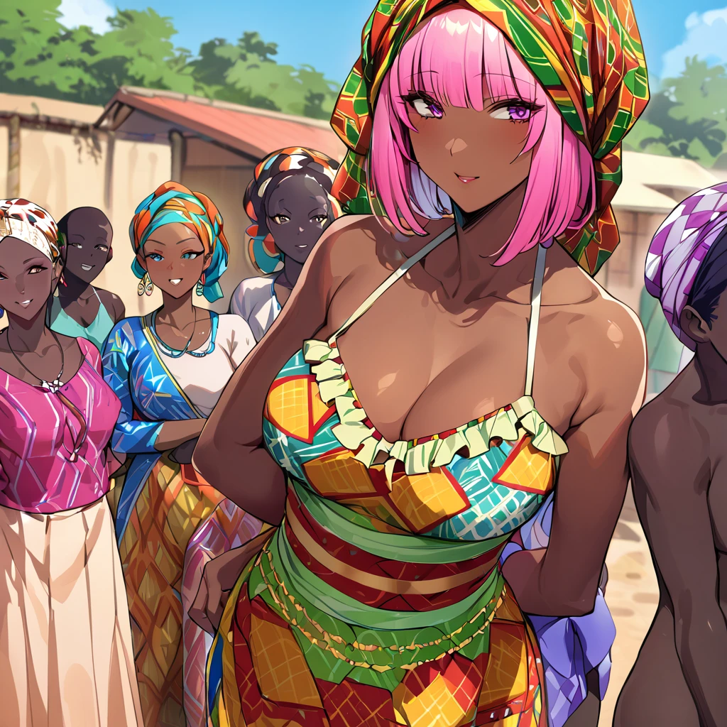 ((Highest quality)), ((masterpiece)), (detailed), （Perfect Face）、The woman is Momo Belia Deviluke, a Ghanaian by birth, with a vibrant dark skin, and is wearing a vibrant Ghanaian dress, a vibrant headscarf, gorgeous jewellery and an engagement ring.、The woman is the elegant Momo Belia Deviluke, with short pink bob hair, a colorful Ghanaian dress, a colorful headscarf, and vivid dark brown skin. She is a natural-born black and Ghanaian.、（The woman is a black Ghanaian with vivid dark brown skin.）、The woman is raising  and doing village work with other village girls in her village in Ghana.