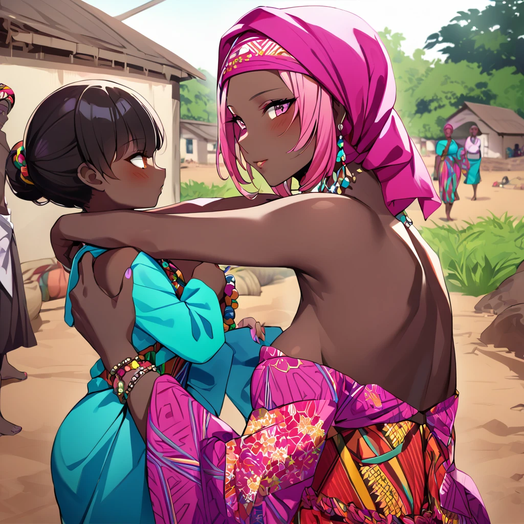 ((Highest quality)), ((masterpiece)), (detailed), （Perfect Face）、The woman is Momo Belia Deviluke, a Ghanaian by birth, with a vibrant dark skin, and is wearing a vibrant Ghanaian dress, a vibrant headscarf, gorgeous jewellery and an engagement ring.、The woman is the elegant Momo Belia Deviluke, with short pink bob hair, a colorful Ghanaian dress, a colorful headscarf, and vivid dark brown skin. She is a natural-born black and Ghanaian.、（The woman is a black Ghanaian with vivid dark brown skin.）、The woman is raising children and doing village work with other village girls in her village in Ghana.