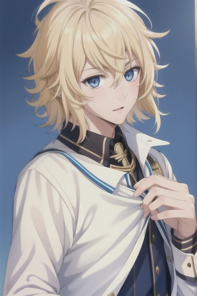 masterpiece, best quality, highres, high quality, 1boy, solo, male focus, looking at viewer, upper body,  hair, realistic, mikaela, blonde,blue eyes,medium hair,messy hair,18 years old