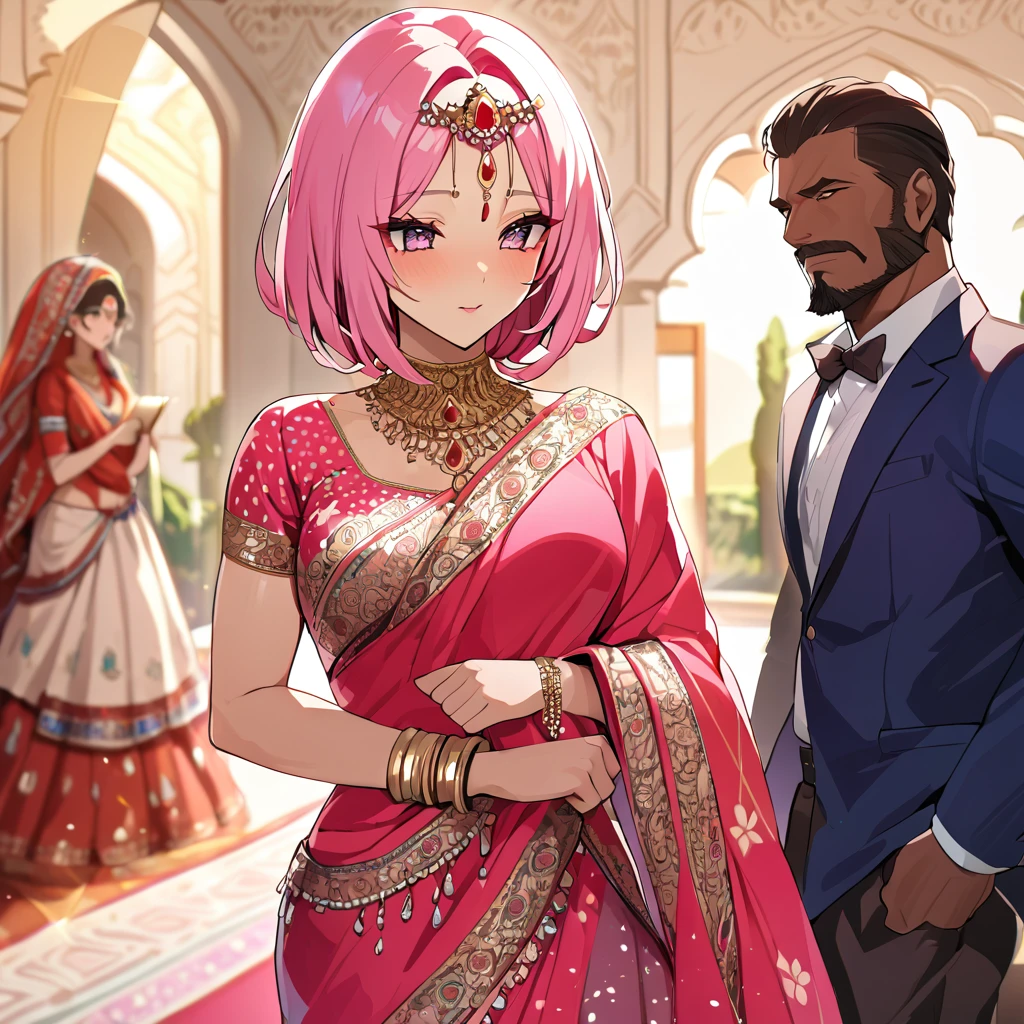 ((Highest quality)), ((masterpiece)), (detailed), (Perfect Face)、The woman is a Hindu Indian named Momo Belia Deviluke with vivid brown skin and a red bindi on her forehead. She is wearing a gorgeous and dazzling traditional Indian wedding dress, a colorful sari, a gorgeous and colorful thottu, a colorful hijab, a bindi, a gorgeous hair ornament, gorgeous jeweled accessories, and an engagement ring, in a luxurious Indian mansion. The woman and the man are in a luxurious palace, and the woman is being held by a middle-aged Indian man with a muscular beard and wearing Indian traditional clothing, who is showing off his gorgeously dressed and beautiful wife to others, as he brags about her.、The woman is an elegant Momo Belia Deviluke with pink hair, short bob hair, wearing a colorful sari and a colorful hijab, bright brown skin, a red bindi on her forehead, and a Hindu Indian Momo Belia Deviluke.、(The woman is Momo Belia Deviluke, a dark-skinned Indian.)、The man is a dignified, muscular, bearded, middle-aged Hindu Indian man wearing traditional Indian clothing.