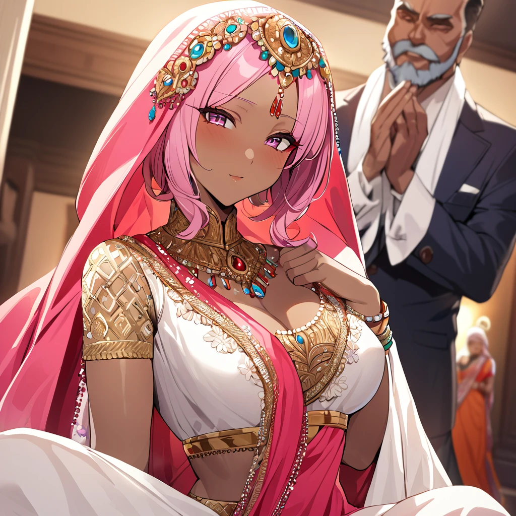 ((Highest quality)), ((masterpiece)), (detailed), (Perfect Face)、The woman is a Hindu Indian named Momo Belia Deviluke with vivid brown skin and a red bindi on her forehead. She is wearing a gorgeous and dazzling traditional Indian wedding dress, a colorful sari, a gorgeous and colorful thottu, a colorful hijab, a bindi, a gorgeous hair ornament, gorgeous jeweled accessories, and an engagement ring, in a luxurious Indian mansion. The woman and the man are in a luxurious palace, and the woman is being held by a middle-aged Indian man with a muscular beard and wearing Indian traditional clothing, who is showing off his gorgeously dressed and beautiful wife to others, as he brags about her.、The woman is an elegant Momo Belia Deviluke with pink hair, short bob hair, wearing a colorful sari and a colorful hijab, bright brown skin, a red bindi on her forehead, and a Hindu Indian Momo Belia Deviluke.、(The woman is Momo Belia Deviluke, a dark-skinned Indian.)、The man is a dignified, muscular, bearded, middle-aged Hindu Indian man wearing traditional Indian clothing.