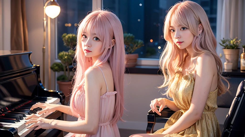 playing piano.Ai Hoshino, beige pink hair, Blue Hair,Long Hair, favorite , Beautiful, shining eyes, Stars in my eyes, Idol,Long pink hair