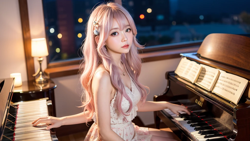 playing piano.Ai Hoshino, beige pink hair, Blue Hair,Long Hair, favorite , Beautiful, shining eyes, Stars in my eyes, Idol,Long pink hair