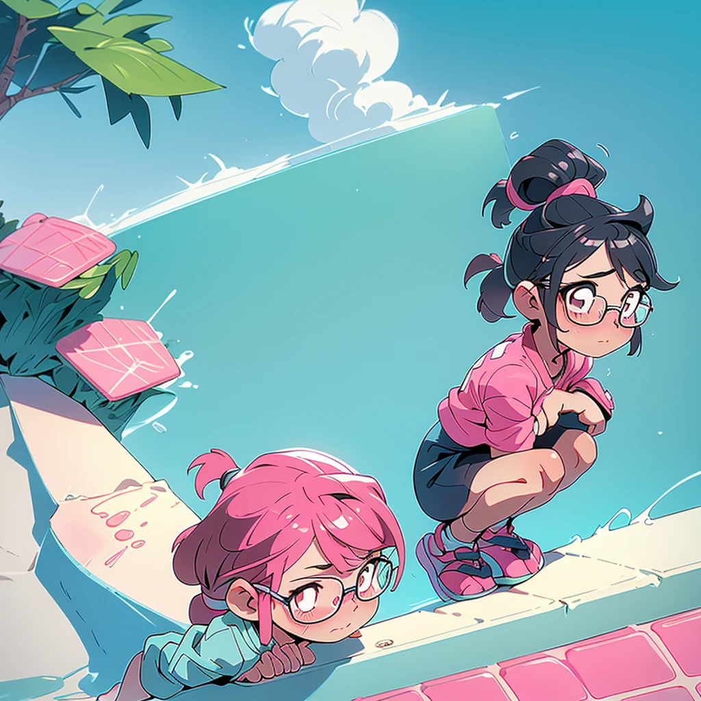 Ponytail girl in pink bikini swimsuit with glasses, grabbing breasts, looking up, squatting, black hair, looking at camera, swimming pool, pastel colors, 8k