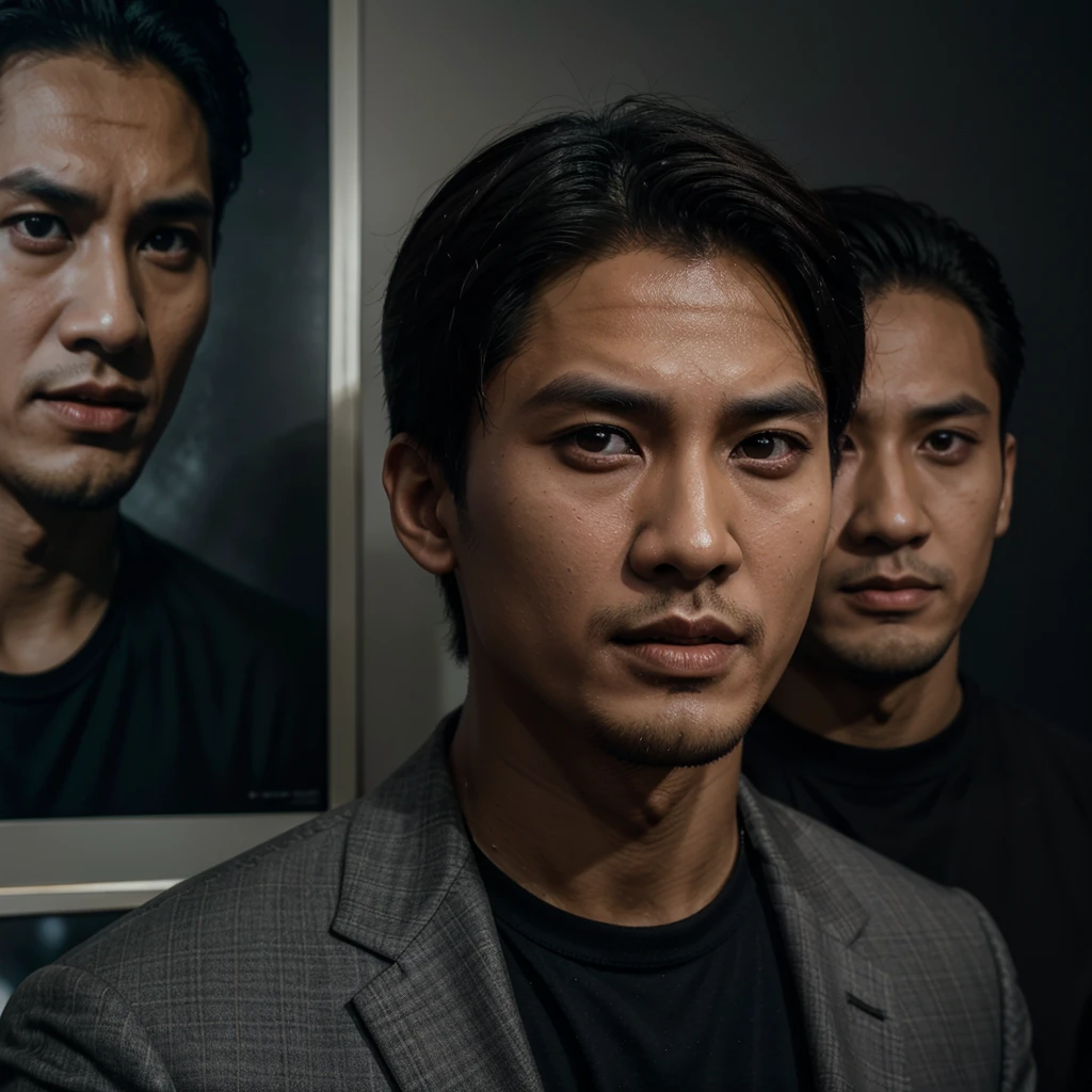 a close up of a man standing next to a poster of a man, horror film, horror”, horror ”, horror movie, arham horror, duy beni serial, thawan duchanee, nivanh chanthara, demon boy, horror, rougue one scary dark, wonbin lee, ayan nag,