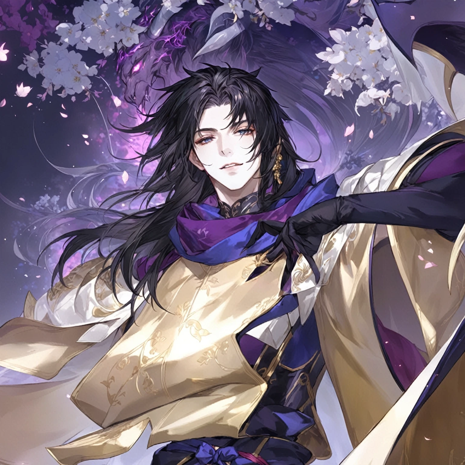 masterpiece, best quality, Fantasy aesthetics, Highly detailed, shadowverse style, male, japanese style, perfect hand, demonic horn on the head