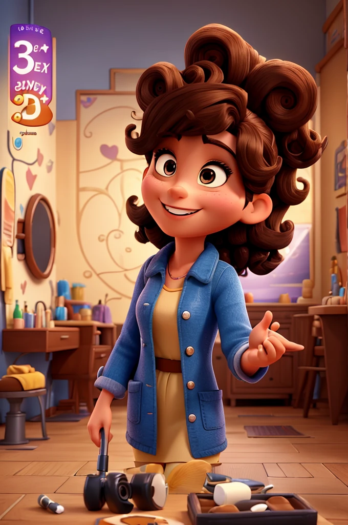 3D poster inspired by Disney Pixar, with A woman, beautician, 35 years old, brown eyes and brown curly hair, smiling, beautician coat, she is using her iPhone
