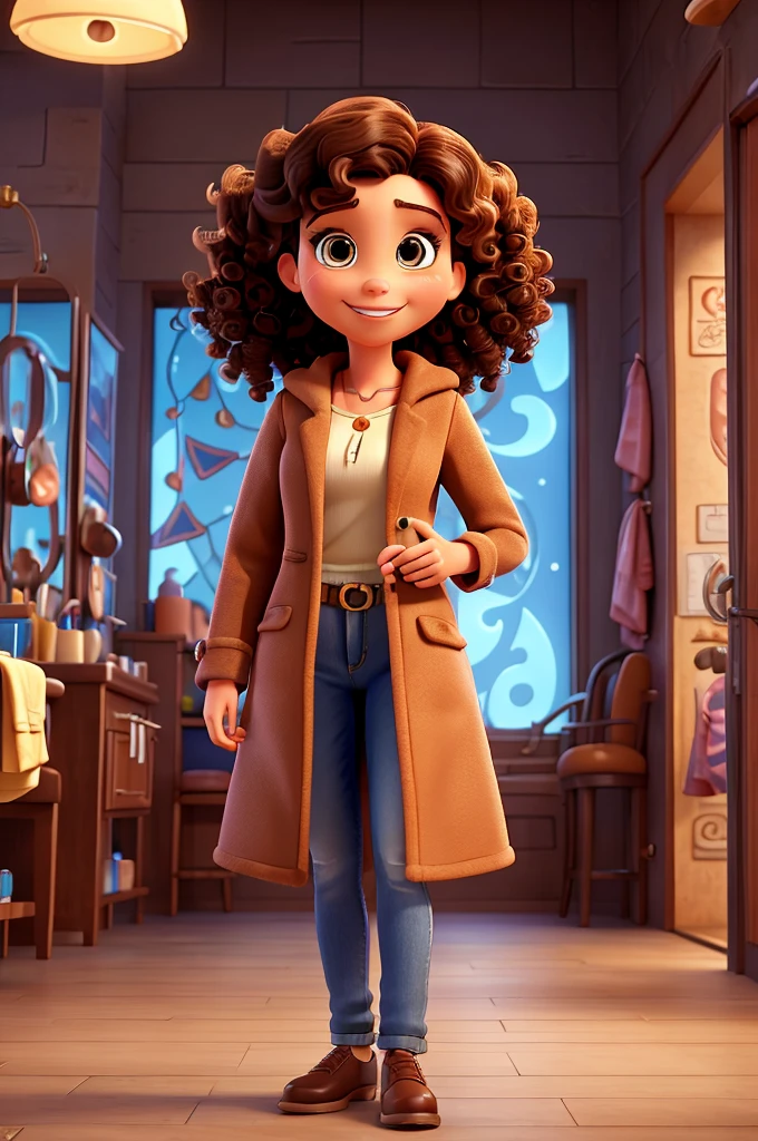 3D poster inspired by Disney Pixar, with A woman, beautician, 35 years old, brown eyes and brown curly hair, smiling, beautician coat, she is using her iPhone