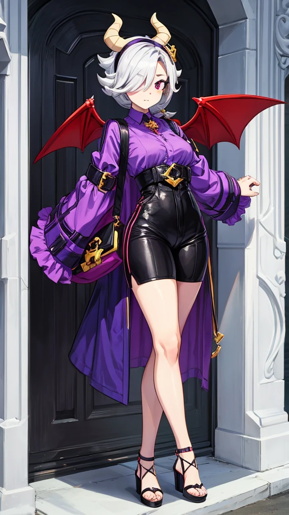score_9, score_8_up, score_7_up, score_6_up, score_5_up, score_4_up, source_anime , colettetrixie, red skin, sharp teeth, hair over one eye, hairband, demon horns, colored sclera, purple shirt, purple shorts, demon wings,black high heels, sandals, worth, room