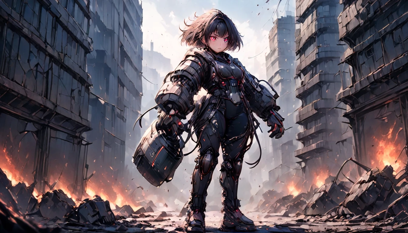 (anime style:1.4),超High resolution, Attention to detail, high quality, High resolution, 最high quality, 4K, 8K,A young female warrior in a high-tech black powered exosuit with glowing red LED accents, standing on rubble in a post-apocalyptic setting, photorealistic anime style, short black bob hairstyle, glowing red eyes, holding a rifle in one hand, ((wearing a tattered, billowing robe that is heavily damaged and frayed)), confident and fierce expression,かわいい