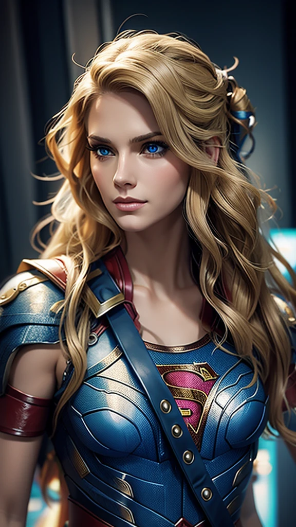 The character Supergirl, perfect costume, shiny blue eyes, extremely beautiful blond hair, beautiful smile , perfect anatomy and extremely beautiful face