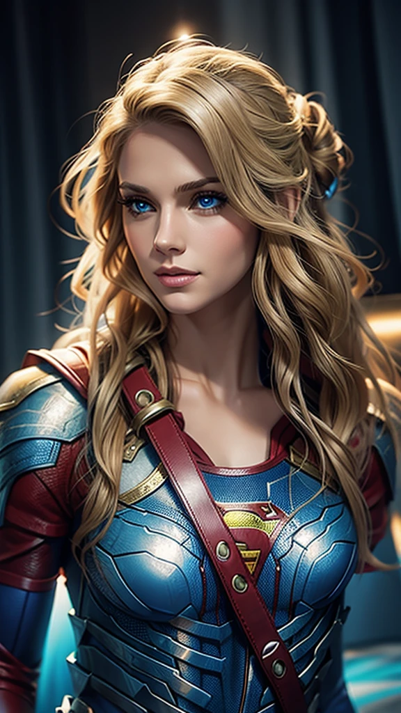 The character Supergirl, perfect costume, shiny blue eyes, extremely beautiful blond hair, beautiful smile , perfect anatomy and extremely beautiful face 