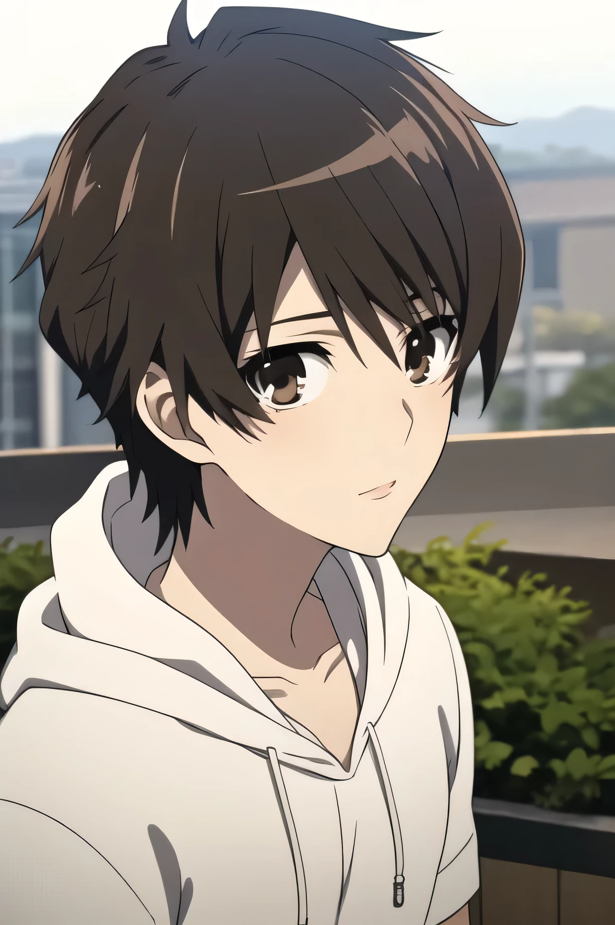 masterpiece, best quality, high quality, 1boy, solo, male focus, looking at viewer, upper body, sakakibara_kouichi, black hoodie, brown hair, brown eyes, , 