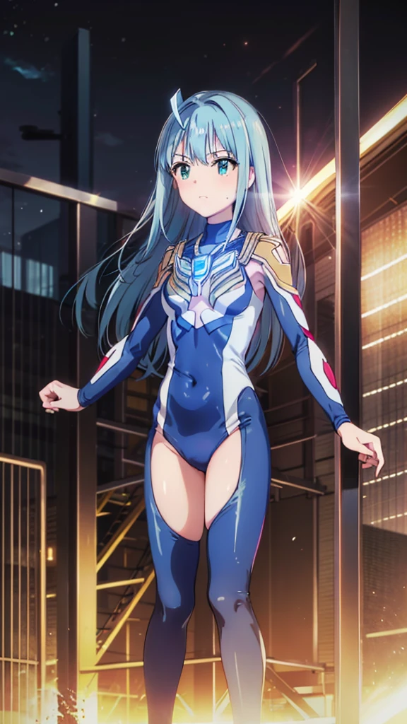 (masterpiece、Highest quality、In 8K、High resolution:1.2)、alone、One Girl、 Rin Shibuya、Tight clothes、Cowboy Shot、Hero Suit、Bodysuits、Tight suit、Trained abdominal muscles、Trained biceps、(Hmph :1.0)、 青いウルトラマンBodysuits、Shining jewel on the chest、(building:1.2)、Night Scenery