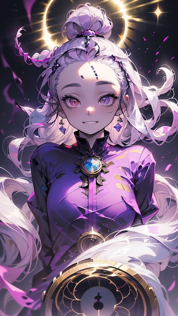 cheerful boy aristocrat open forehead. dark purple hair braided in a ponytail on the left side to one side. sinuous black horns wrapped in dark purple ribbon. pale violet eyes. in short dark purple shorts. long white T-shirt. dark purple knee-high socks. a white long robe with a hood flutters in the wind. black ancient stone walls of the castle purple light from lamps with gold ornaments, heterochromia, long curly hair, pale skin, I look at the viewer, closed mouth, bright smile, Beautiful, extremely detailed eye, Absolutely amazing art, extremely detailed, Digital art of the highest quality, full length, old piano, ancient walls of a stone castle