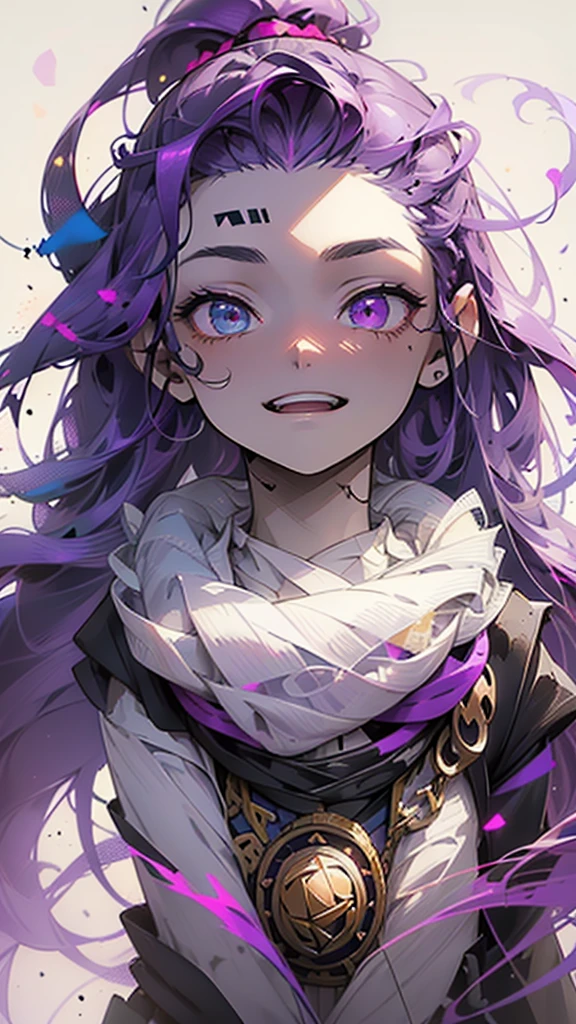 cheerful boy aristocrat open forehead. dark purple hair braided in a ponytail on the left side to one side. sinuous black horns wrapped in dark purple ribbon. pale violet eyes. in short dark purple shorts. long white T-shirt. dark purple knee-high socks. a white long robe with a hood flutters in the wind. black ancient stone walls of the castle purple light from lamps with gold ornaments, heterochromia, long curly hair, pale skin, I look at the viewer, closed mouth, bright smile, Beautiful, extremely detailed eye, Absolutely amazing art, extremely detailed, Digital art of the highest quality, full length, old piano, ancient walls of a stone castle