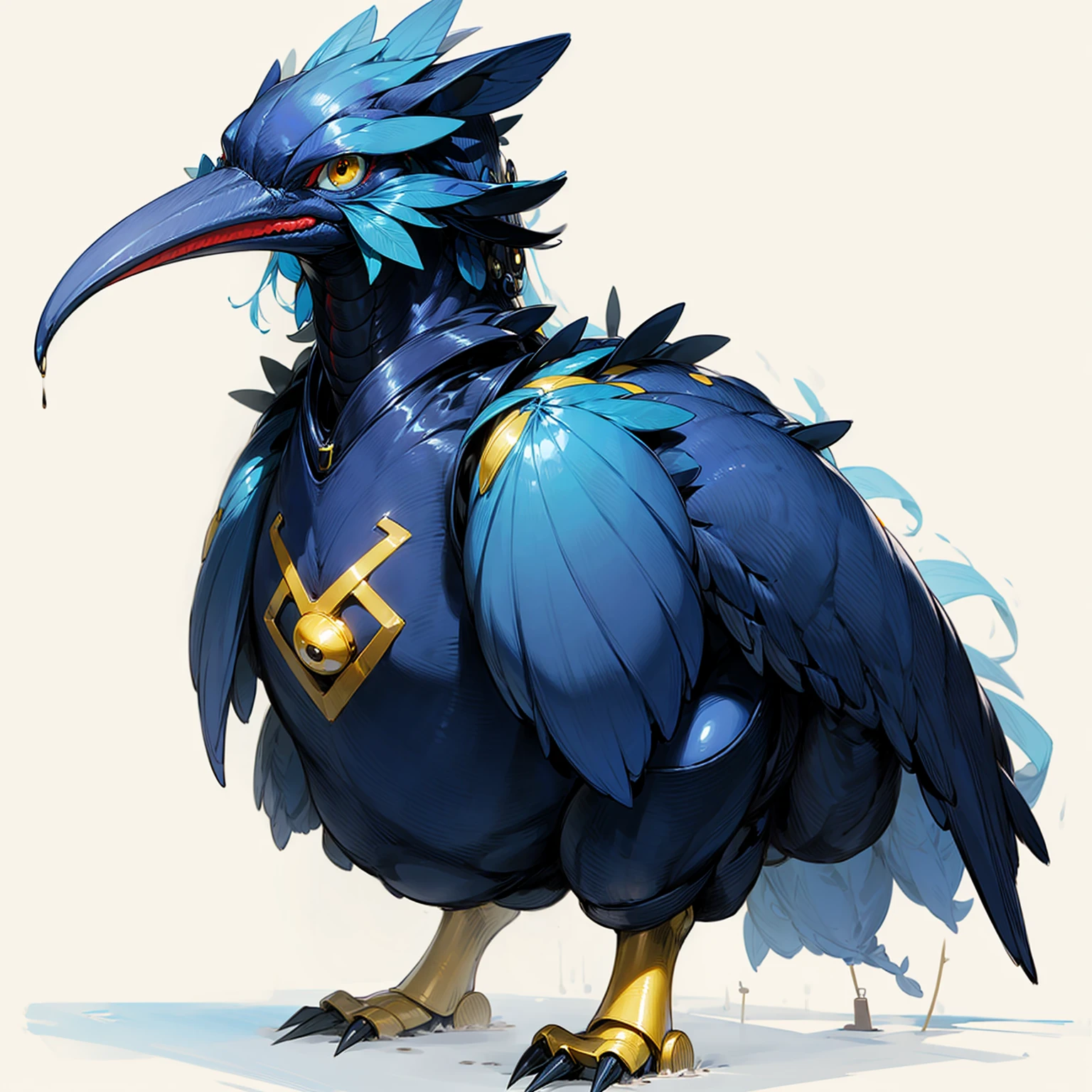 Full body version, little Cassowary mixed with small robotics, 100 feet tall, blue color skin, gold eyes, Grassroots,