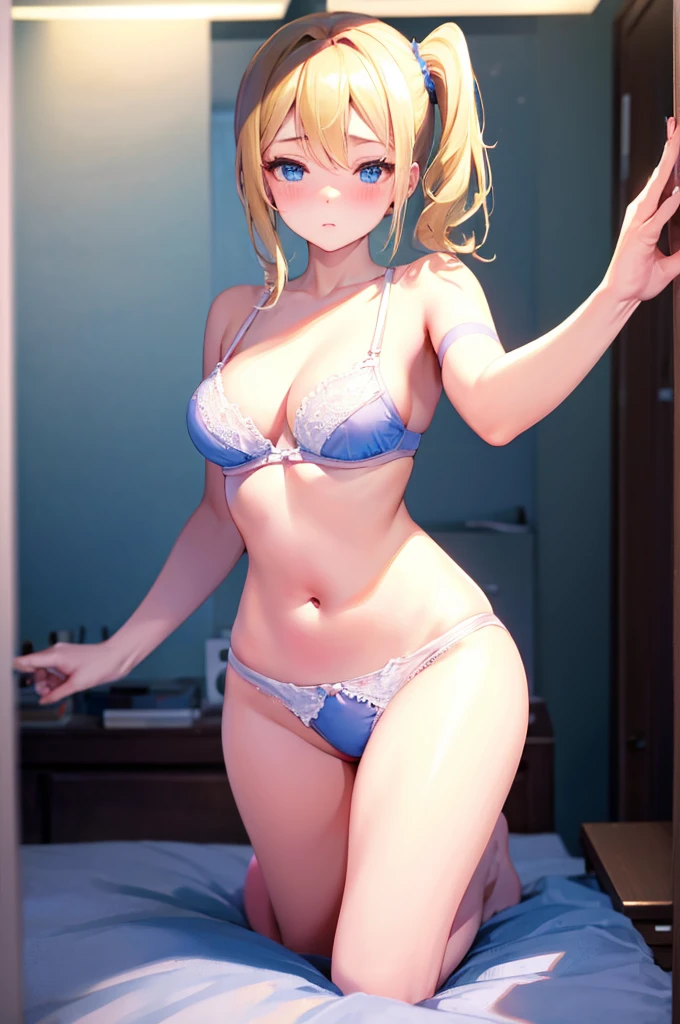 Blonde、Side Ponytail、Blue underwear、Pale blue eyes、Blushing、Bedroom、On the bed、Random pose、Looks like she's about to 、Glamorous expression、Blushing、Blue underwear、Cute underwear、Undedroom、On the bed、M-shaped legs、Random pose,パンツを見せるBlondede Ponytail、、Pale blue eyes、night、night、Not wearing a bra、、Blushing、lipstick、Perfect hands、Detailed hands、Bedroom、On the bed、hand bra