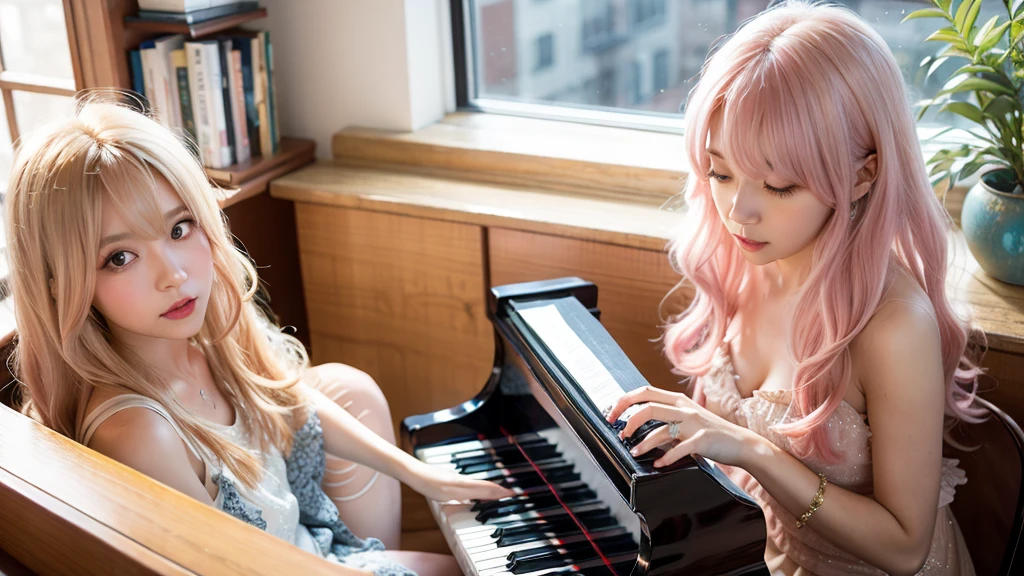 playing piano.Ai Hoshino, beige pink hair, Blue Hair,Long Hair, favorite , Beautiful, shining eyes, Stars in my eyes, Idol,Long pink hair