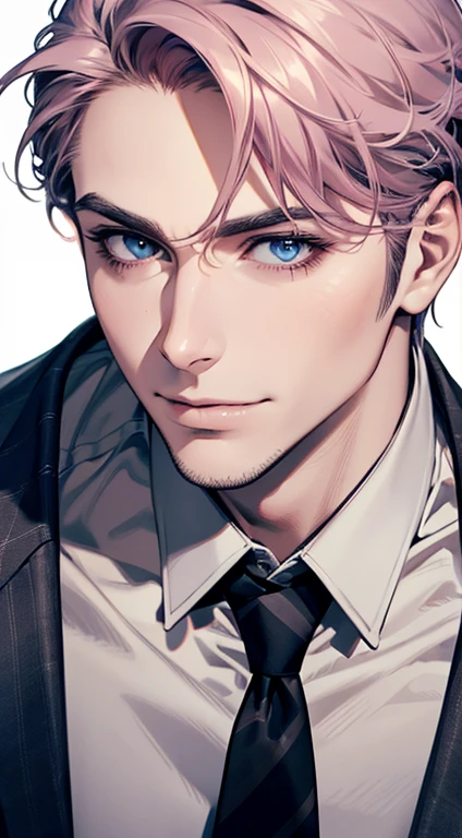 (best quality,4k,8k,highres,masterpiece:1.2),ultra-detailed,(realistic,photorealistic,photo-realistic:1.37),1 man,31 years old,mature man,very handsome,without expression,smile,short grey pink hair,blue eyes,penetrating gaze,perfect face without errors,imposing posture,businessman,office background,cinematic lighting,hdr image